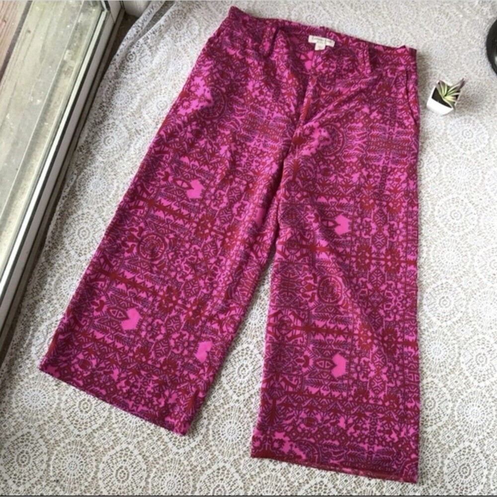 Coldwater Creek Magenta Mandala Wide Leg Capris Womens 16 Natural Fit Pink Red